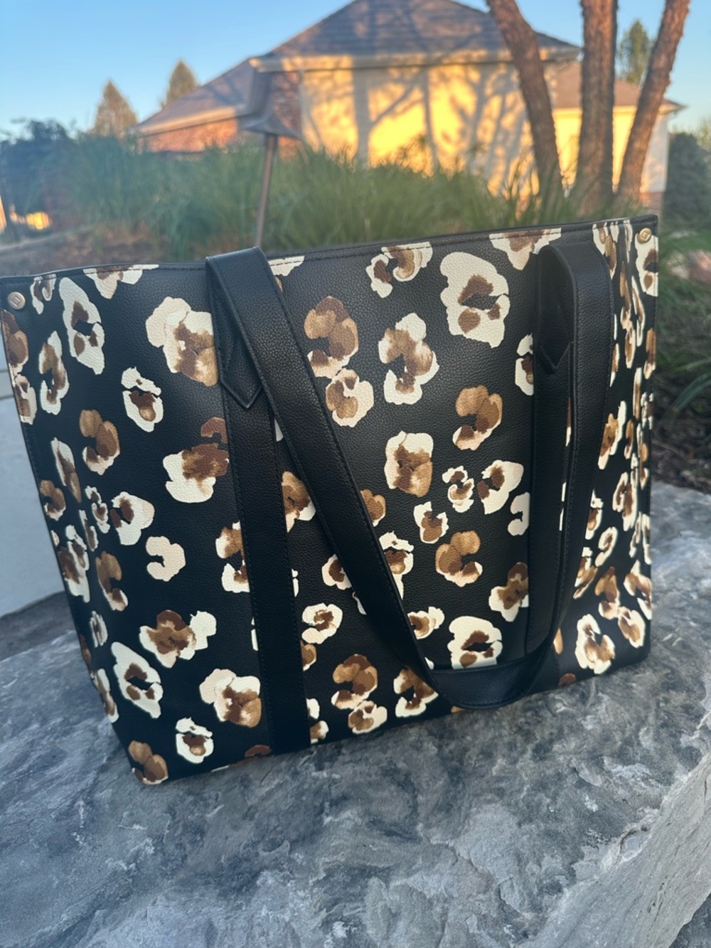 thirty-one Black Leopard Print Tote with Brown and Cream Spots